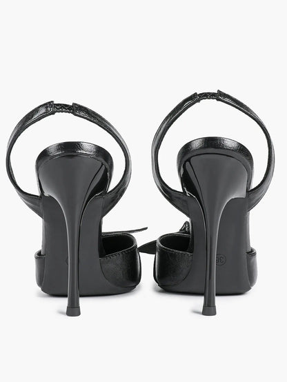 Women's Black Leather High-Heel Sandals Bowknot Pointed Toe Slingback Stiletto Heels YISHIFAN
