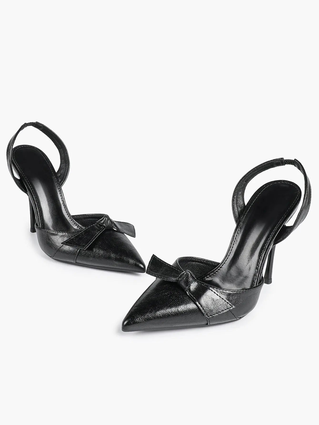 Women's Black Leather High-Heel Sandals Bowknot Pointed Toe Slingback Stiletto Heels YISHIFAN