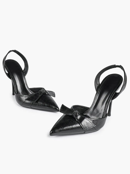Women's Black Leather High-Heel Sandals Bowknot Pointed Toe Slingback Stiletto Heels YISHIFAN