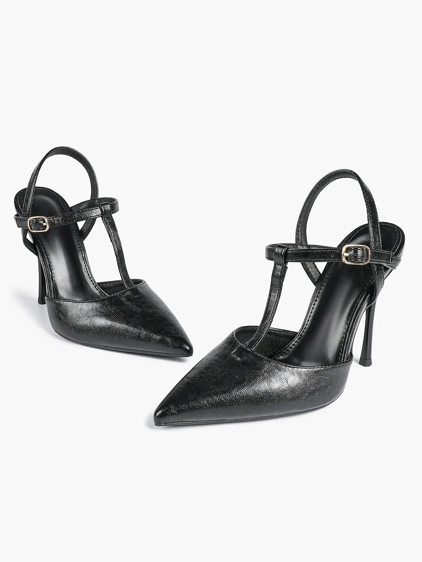 Women's Black Leather T-Strap Stiletto Sandals Pointed Toe 4.13 Inch for Party Office Shoes YISHIFAN