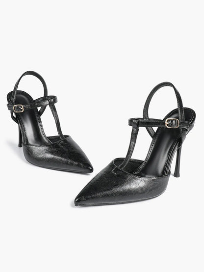 Women's Black Leather T-Strap Stiletto Sandals Pointed Toe 4.13 Inch for Party Office Shoes YISHIFAN