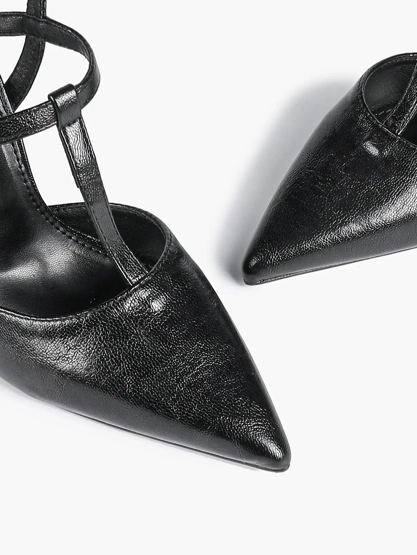Women's Black Leather T-Strap Stiletto Sandals Pointed Toe 4.13 Inch for Party Office Shoes YISHIFAN