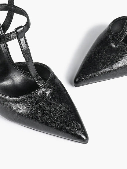 Women's Black Leather T-Strap Stiletto Sandals Pointed Toe 4.13 Inch for Party Office Shoes YISHIFAN