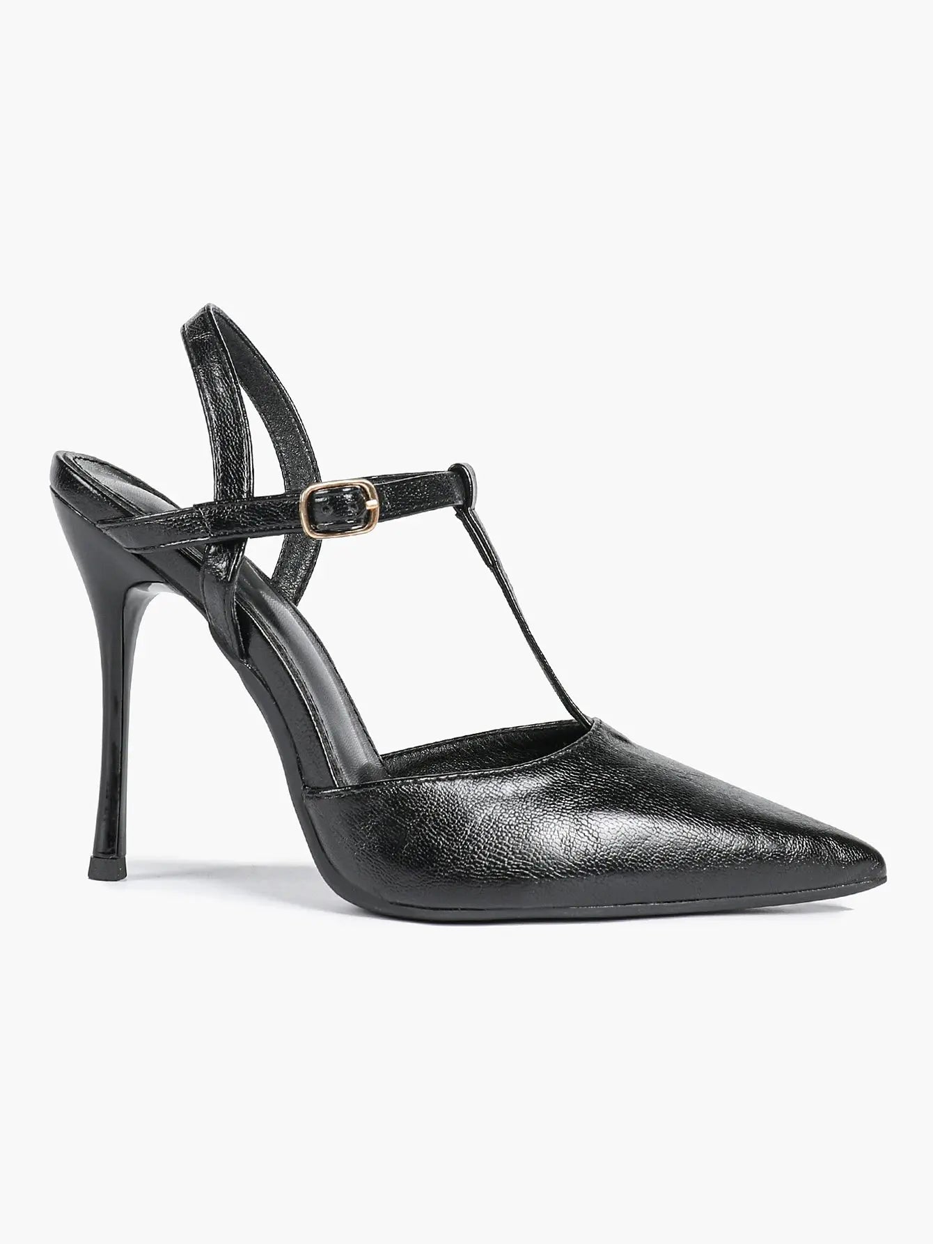Women's Black Leather T-Strap Stiletto Sandals Pointed Toe 4.13 Inch for Party Office Shoes YISHIFAN