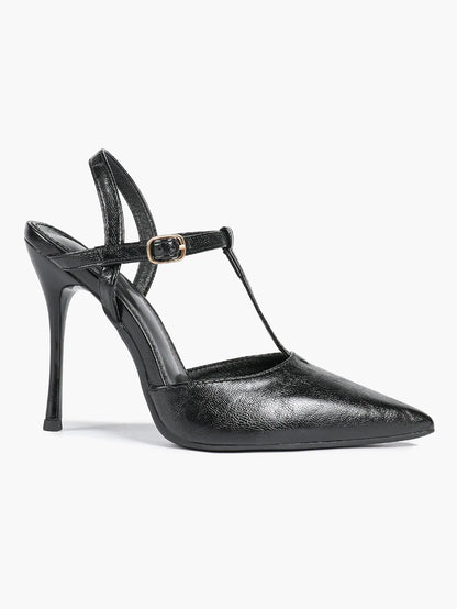 Women's Black Leather T-Strap Stiletto Sandals Pointed Toe 4.13 Inch for Party Office Shoes YISHIFAN