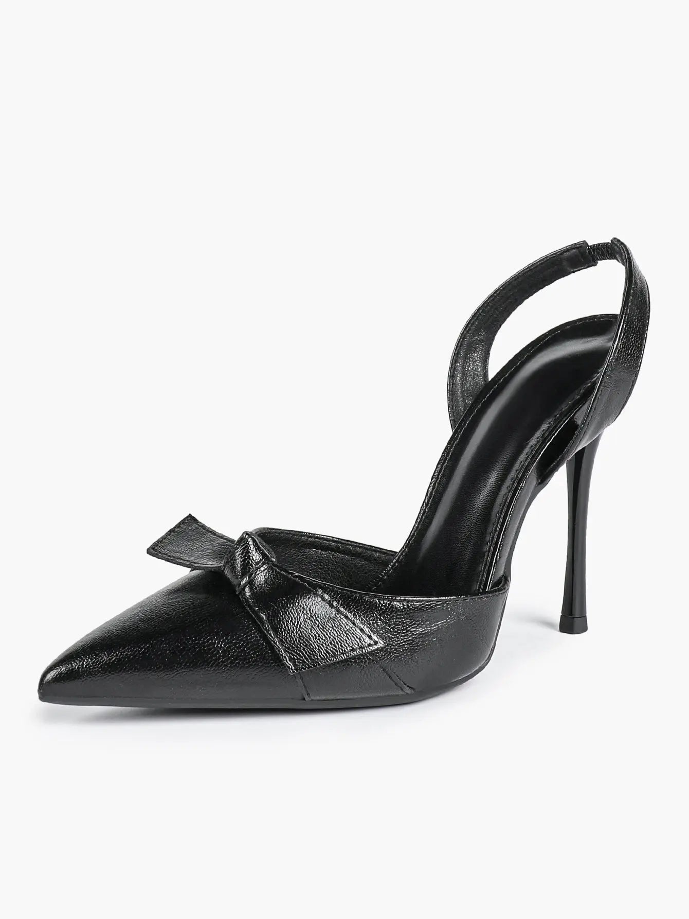 Women's Black Leather High-Heel Sandals Bowknot Pointed Toe Slingback Stiletto Heels YISHIFAN