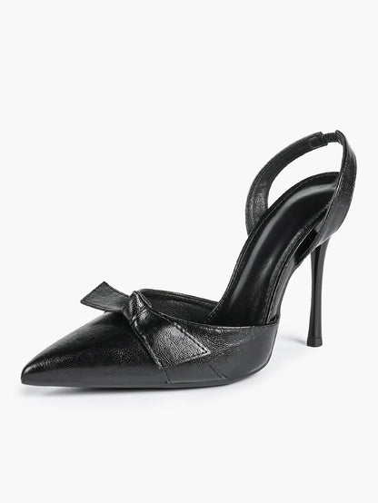 Women's Black Leather High-Heel Sandals Bowknot Pointed Toe Slingback Stiletto Heels YISHIFAN