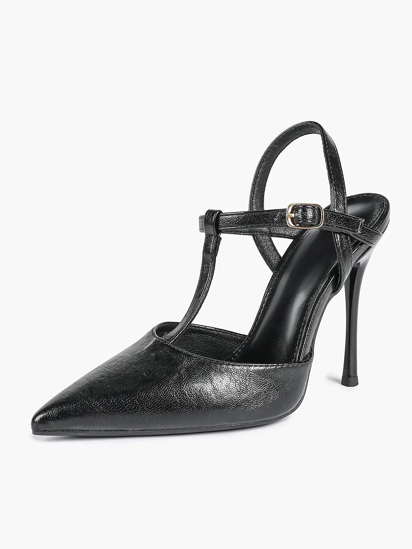 Women's Black Leather T-Strap Stiletto Sandals Pointed Toe 4.13 Inch for Party Office Shoes YISHIFAN