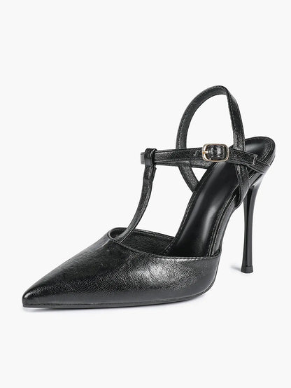 Women's Black Leather T-Strap Stiletto Sandals Pointed Toe 4.13 Inch for Party Office Shoes YISHIFAN