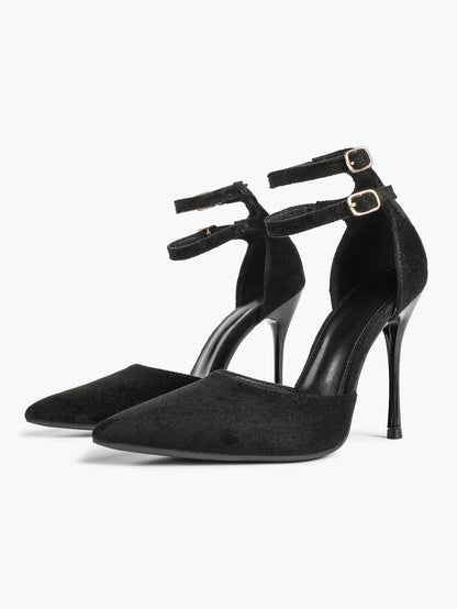 Women's Black Closed Pointed Toe Stiletto Double Ankle Strap Sculptural Heel for Party Formal Dress Shoes YISHIFAN