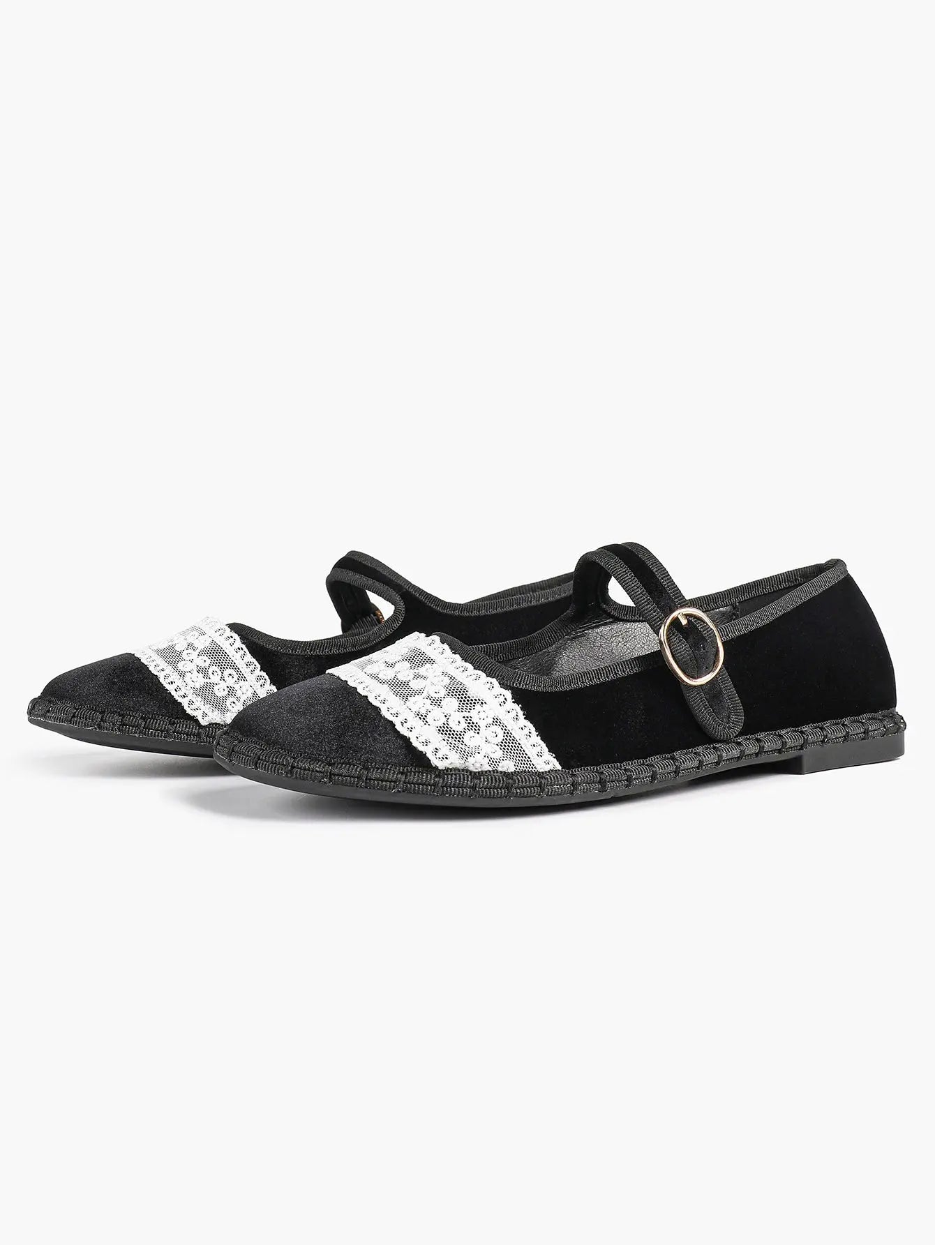 Black Velvet Mary Janes: White Lace Accents, Gold-Buckle Straps & Avant-Garde Comfort Flats YISHIFAN