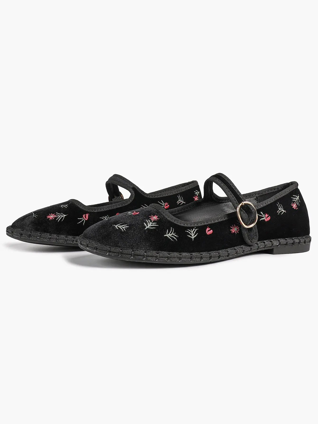 Black Velvet Mary Jane Flats Floral Embroidery Metallic Buckle Strap for Dressy Office YISHIFAN