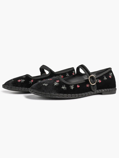Black Velvet Mary Jane Flats Floral Embroidery Metallic Buckle Strap for Dressy Office YISHIFAN