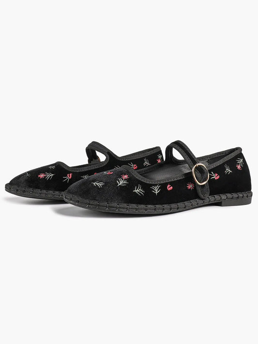Black Velvet Mary Jane Flats Floral Embroidery Metallic Buckle Strap for Dressy Office YISHIFAN