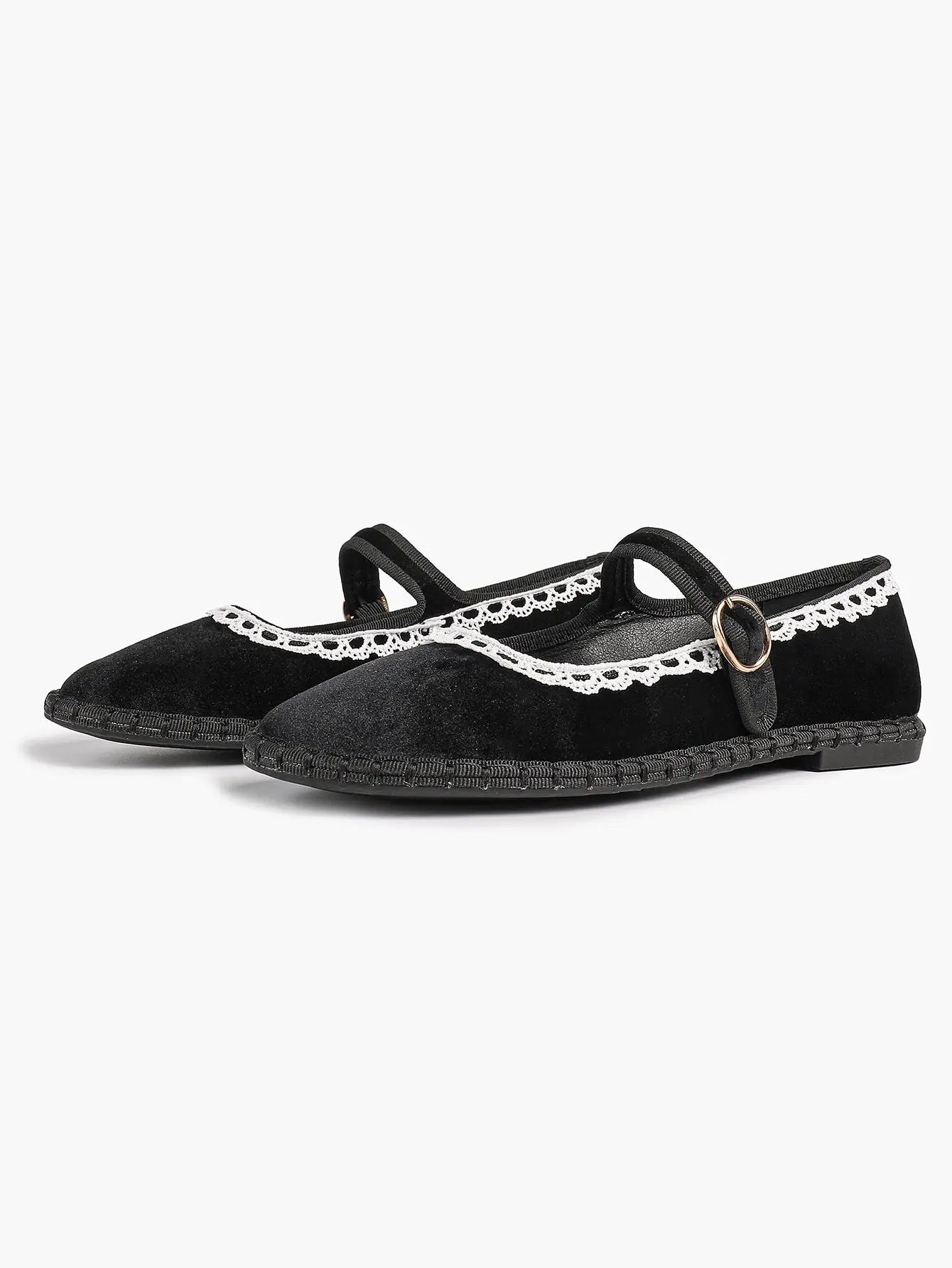 Black Velvet Mary Janes: White Crochet Lace, Gold-Buckle Straps & Avant-Garde Comfort YISHIFAN