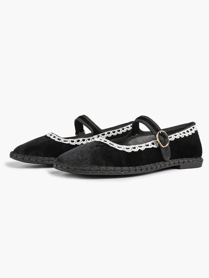 Black Velvet Mary Janes: White Crochet Lace, Gold-Buckle Straps & Avant-Garde Comfort YISHIFAN