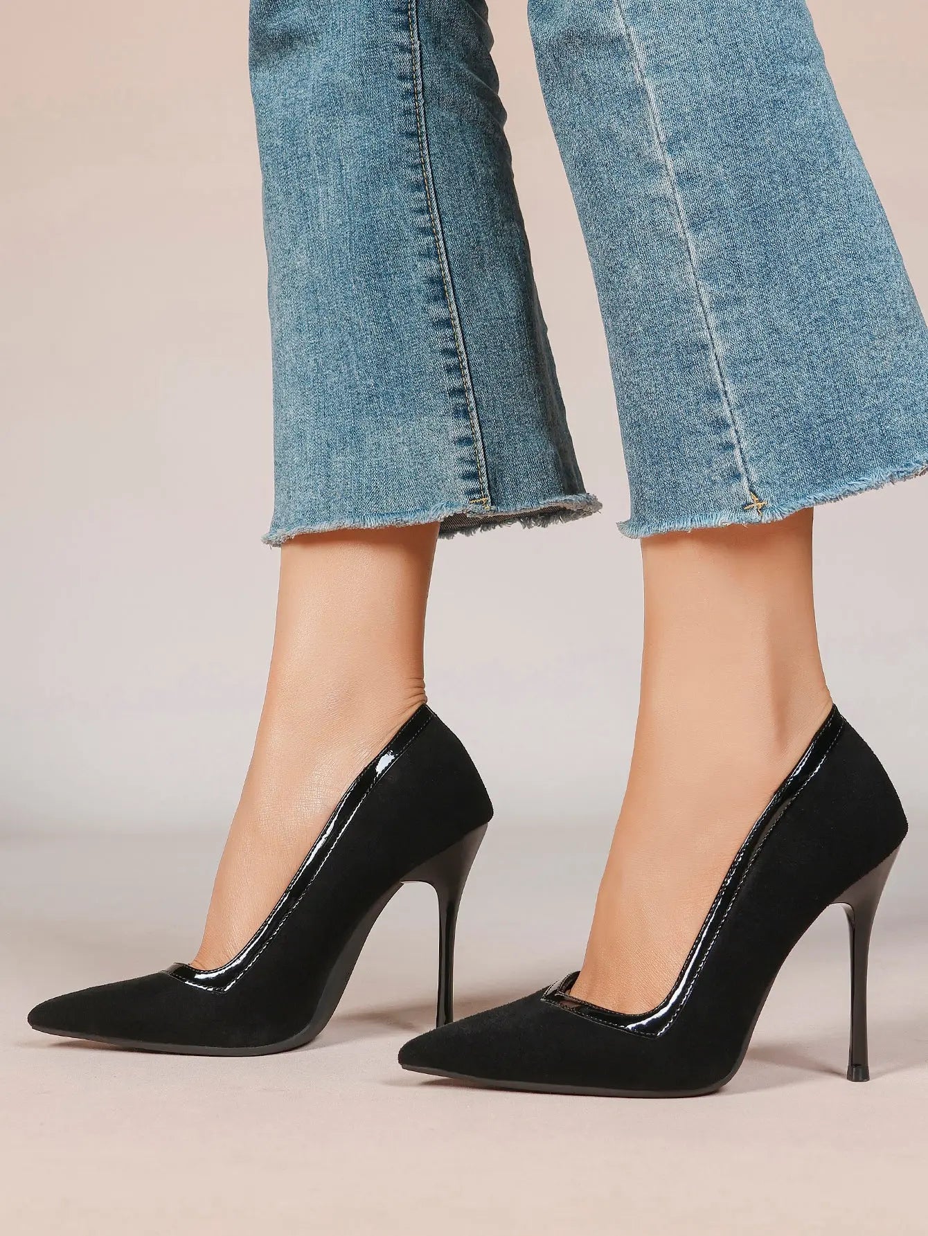 Women's Pumps Pointed Toe Stiletto Heels Black Suede Leather Trim Wedding Evening Party Dress Shoes YISHIFAN