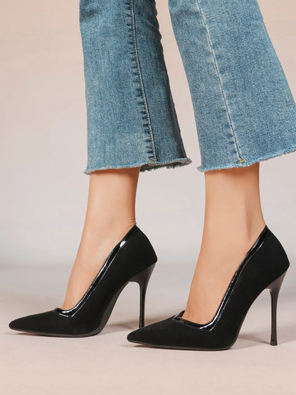 Women's Pumps Pointed Toe Stiletto Heels Black Suede Leather Trim Wedding Evening Party Dress Shoes YISHIFAN