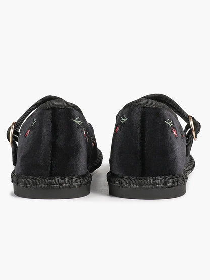 Black Velvet Mary Jane Flats Floral Embroidery Metallic Buckle Strap for Dressy Office YISHIFAN