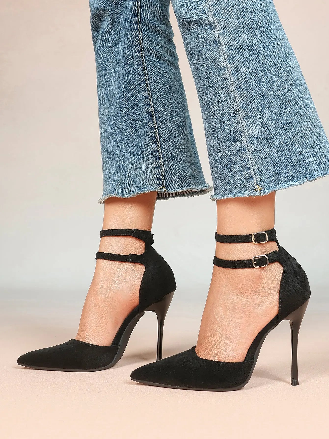Women's Black Closed Pointed Toe Stiletto Double Ankle Strap Sculptural Heel for Party Formal Dress Shoes YISHIFAN