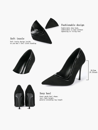 Women's Pumps Pointed Toe Stiletto Heels Black Suede Leather Trim Wedding Evening Party Dress Shoes YISHIFAN