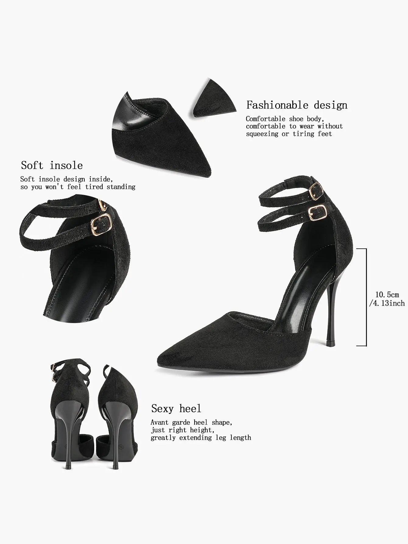 Women's Black Closed Pointed Toe Stiletto Double Ankle Strap Sculptural Heel for Party Formal Dress Shoes YISHIFAN
