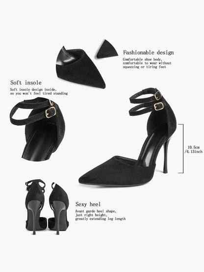 Women's Black Closed Pointed Toe Stiletto Double Ankle Strap Sculptural Heel for Party Formal Dress Shoes YISHIFAN