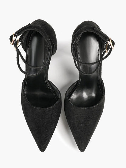 Women's Black Closed Pointed Toe Stiletto Double Ankle Strap Sculptural Heel for Party Formal Dress Shoes YISHIFAN