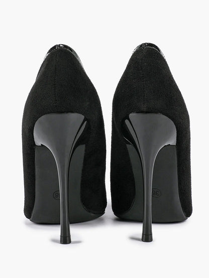 Women's Pumps Pointed Toe Stiletto Heels Black Suede Leather Trim Wedding Evening Party Dress Shoes YISHIFAN
