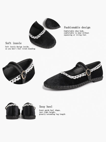 Black Velvet Mary Janes: White Crochet Lace, Gold-Buckle Straps & Avant-Garde Comfort YISHIFAN