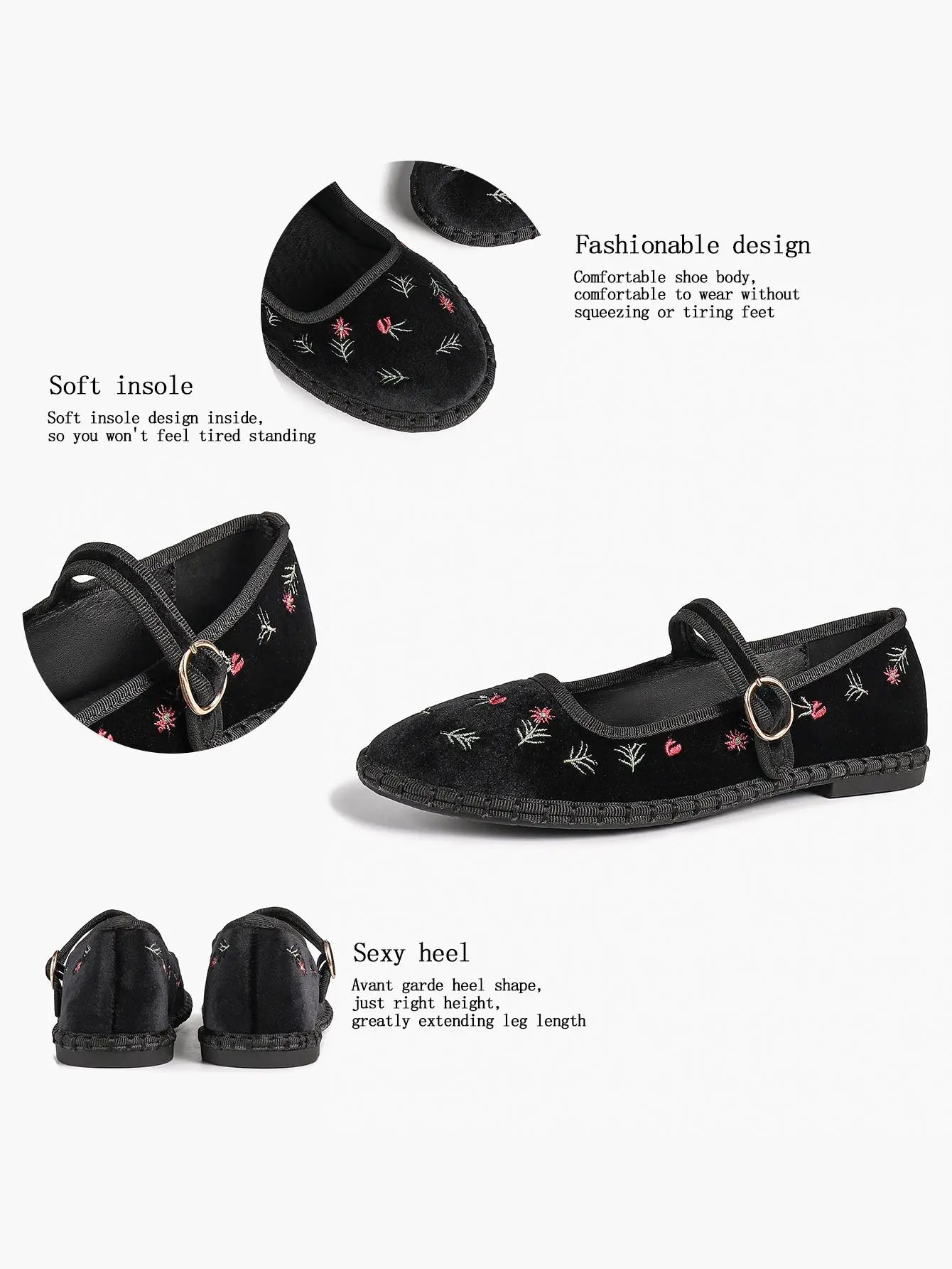 Black Velvet Mary Jane Flats Floral Embroidery Metallic Buckle Strap for Dressy Office YISHIFAN