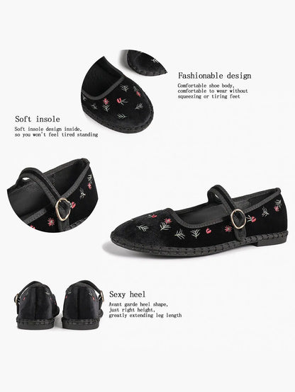Black Velvet Mary Jane Flats Floral Embroidery Metallic Buckle Strap for Dressy Office YISHIFAN
