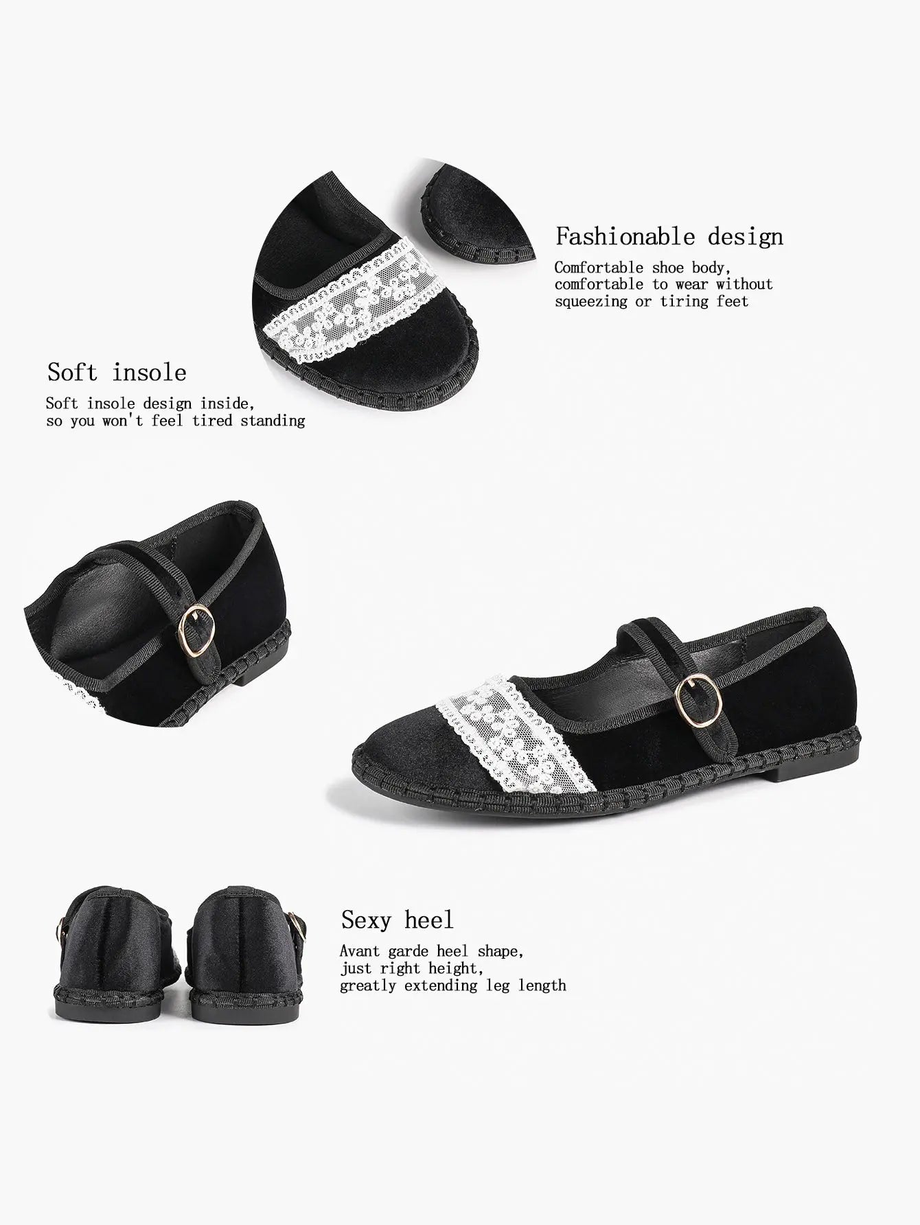 Black Velvet Mary Janes: White Lace Accents, Gold-Buckle Straps & Avant-Garde Comfort Flats YISHIFAN