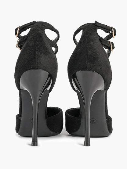 Women's Black Closed Pointed Toe Stiletto Double Ankle Strap Sculptural Heel for Party Formal Dress Shoes YISHIFAN