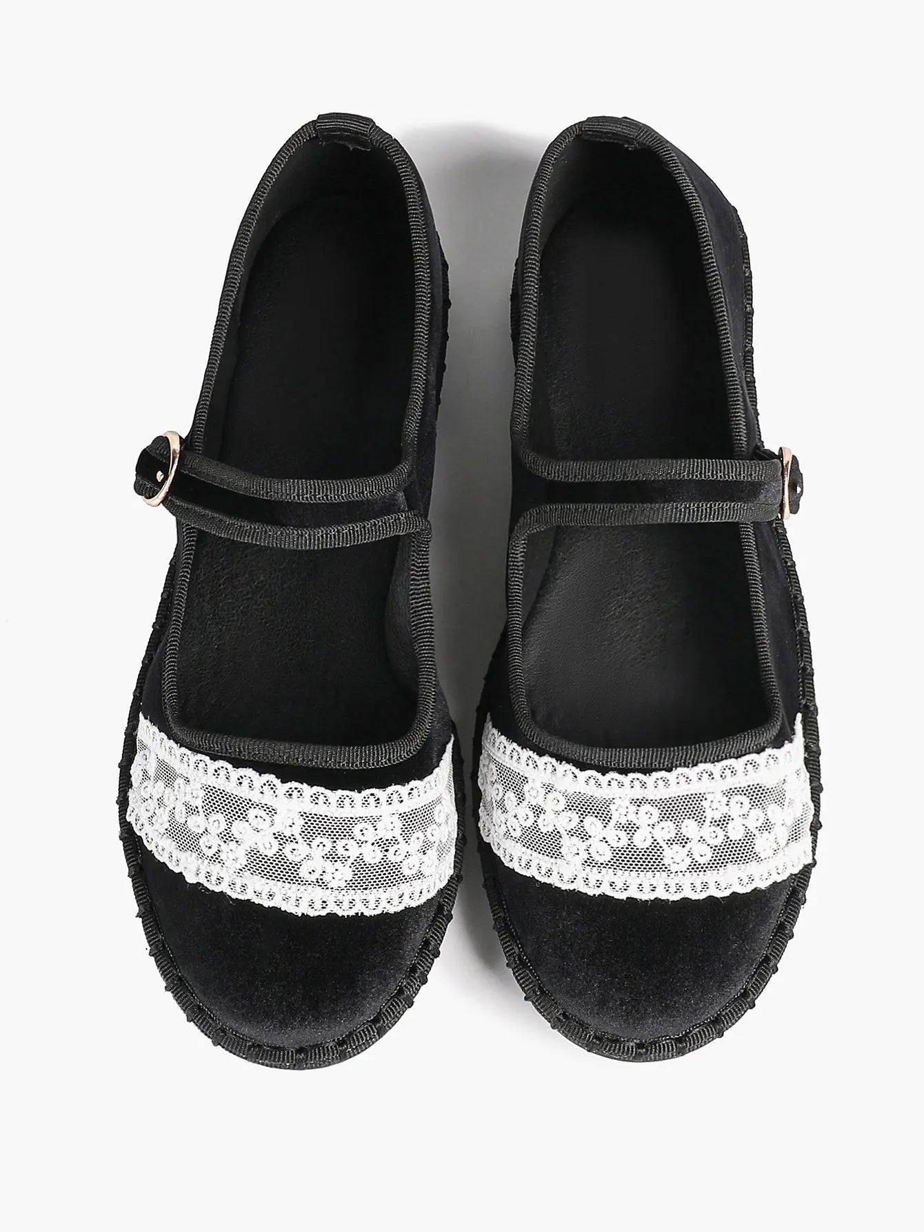 Black Velvet Mary Janes: White Lace Accents, Gold-Buckle Straps & Avant-Garde Comfort Flats YISHIFAN