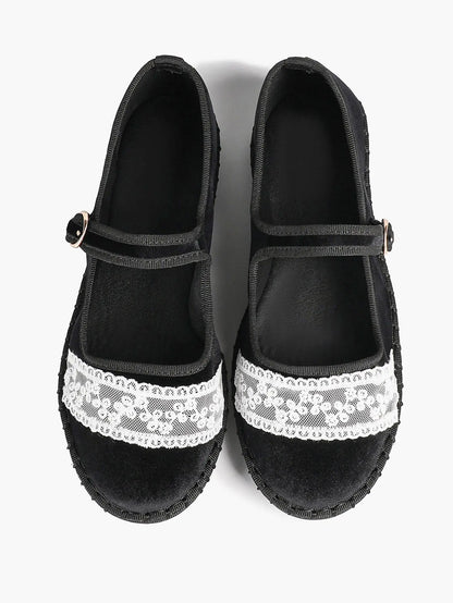 Black Velvet Mary Janes: White Lace Accents, Gold-Buckle Straps & Avant-Garde Comfort Flats YISHIFAN