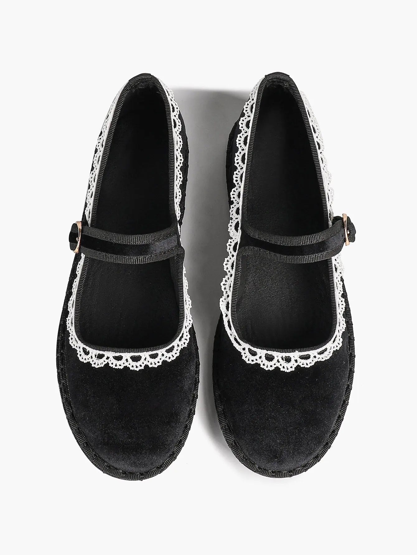 Black Velvet Mary Janes: White Crochet Lace, Gold-Buckle Straps & Avant-Garde Comfort YISHIFAN