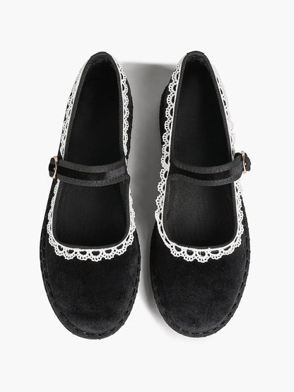 Black Velvet Mary Janes: White Crochet Lace, Gold-Buckle Straps & Avant-Garde Comfort YISHIFAN
