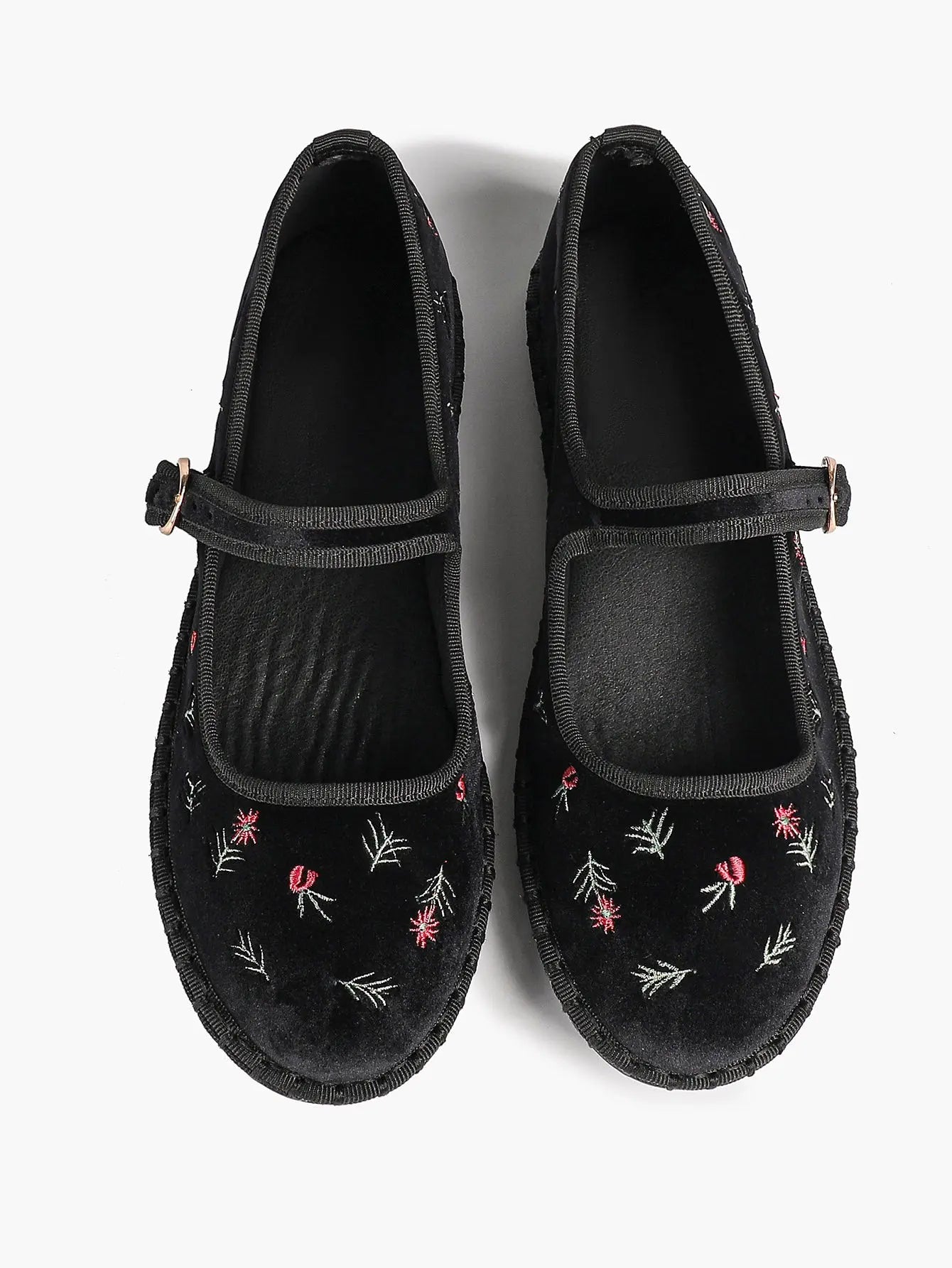 Black Velvet Mary Jane Flats Floral Embroidery Metallic Buckle Strap for Dressy Office YISHIFAN