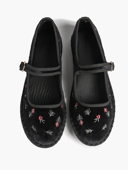 Black Velvet Mary Jane Flats Floral Embroidery Metallic Buckle Strap for Dressy Office YISHIFAN