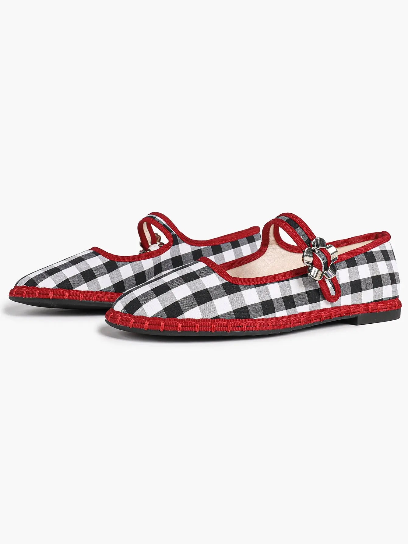 Black-White Grid Mary Jane Flats: Red Accents, Avant-Garde Heel & All-Day Retro Charm YISHIFAN