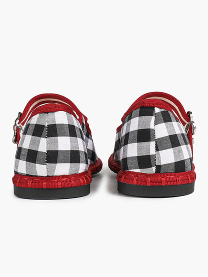 Black-White Grid Mary Jane Flats: Red Accents, Avant-Garde Heel & All-Day Retro Charm YISHIFAN