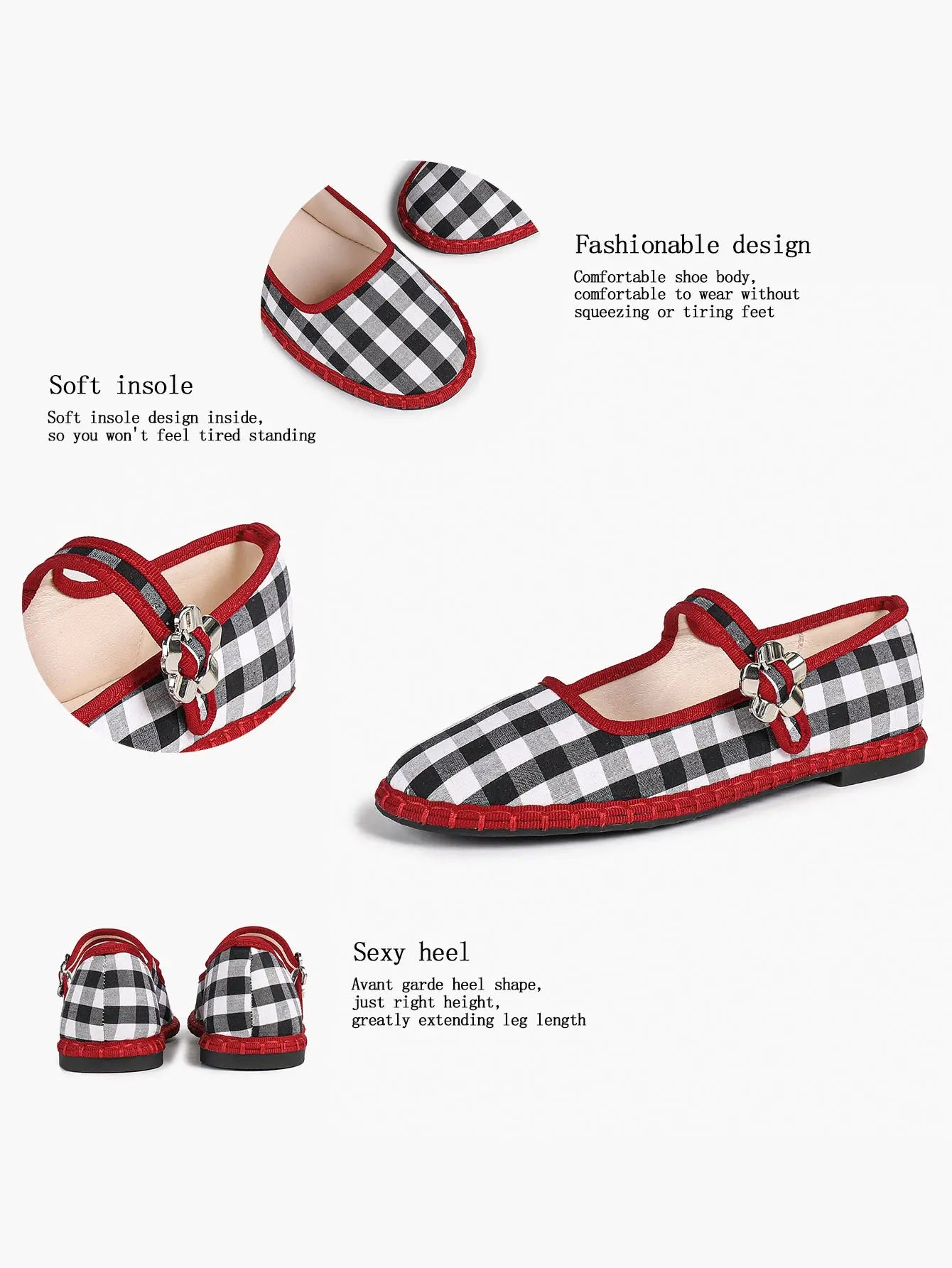 Black-White Grid Mary Jane Flats: Red Accents, Avant-Garde Heel & All-Day Retro Charm YISHIFAN