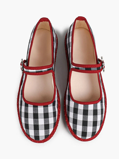 Black-White Grid Mary Jane Flats: Red Accents, Avant-Garde Heel & All-Day Retro Charm YISHIFAN