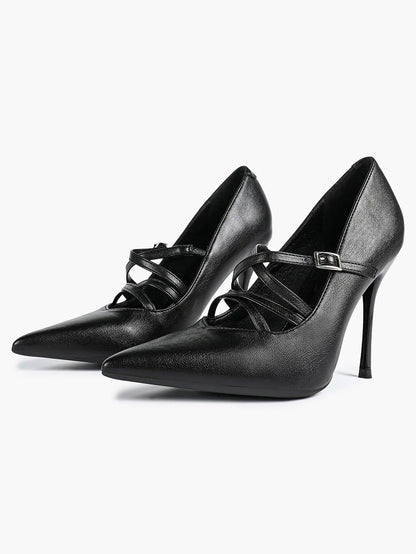 Burgundy Leather Stiletto Heels Sharp Pointed Toe Cross Strap Pump 4.13 INCH for Party Wedding Shoes YISHIFAN