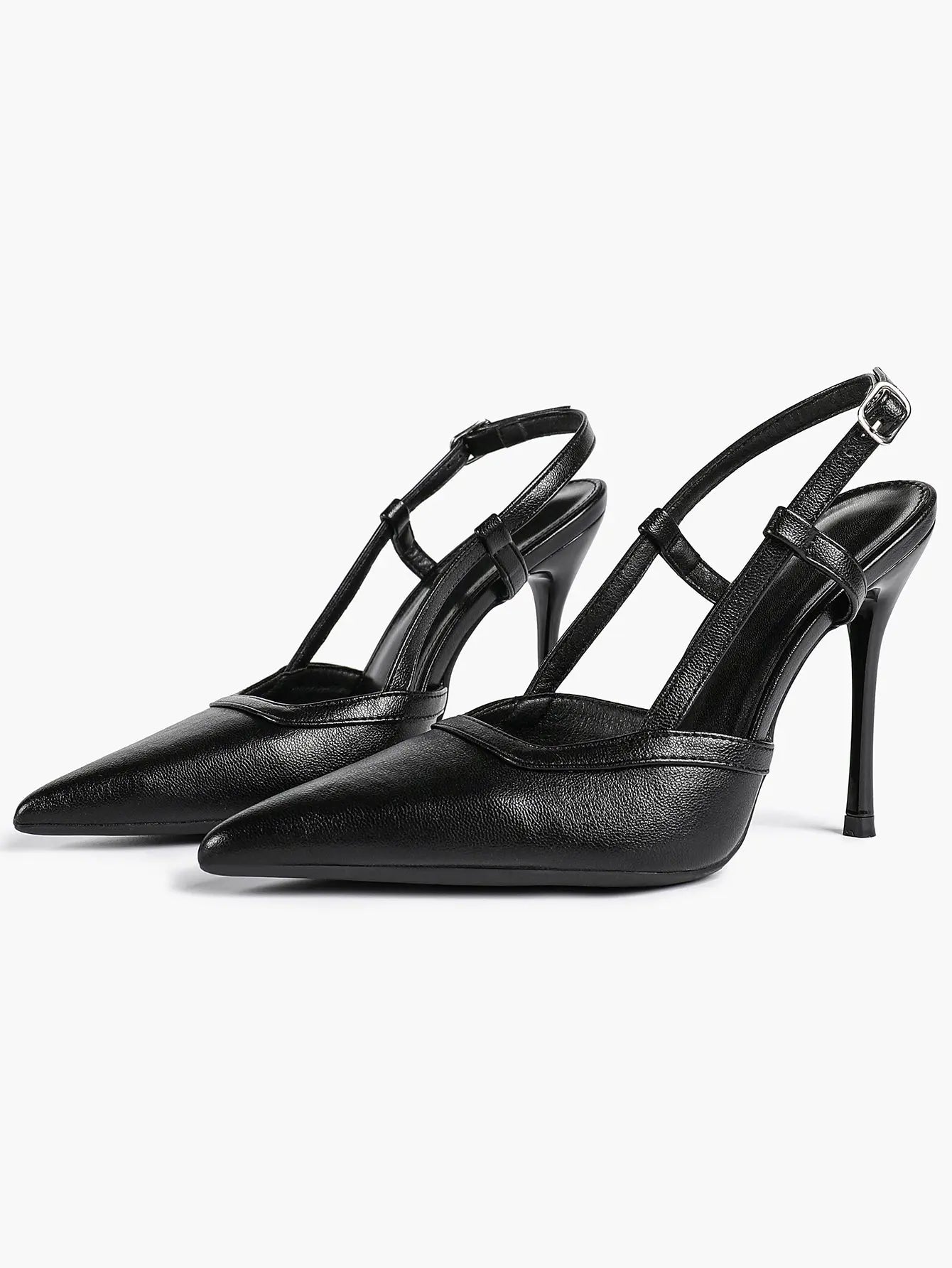 Women's Black Leather High-Heel Sandals Pointed Toe Stiletto Heels Office with for Wedding Party YISHIFAN