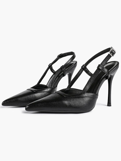 Women's Black Leather High-Heel Sandals Pointed Toe Stiletto Heels Office with for Wedding Party YISHIFAN