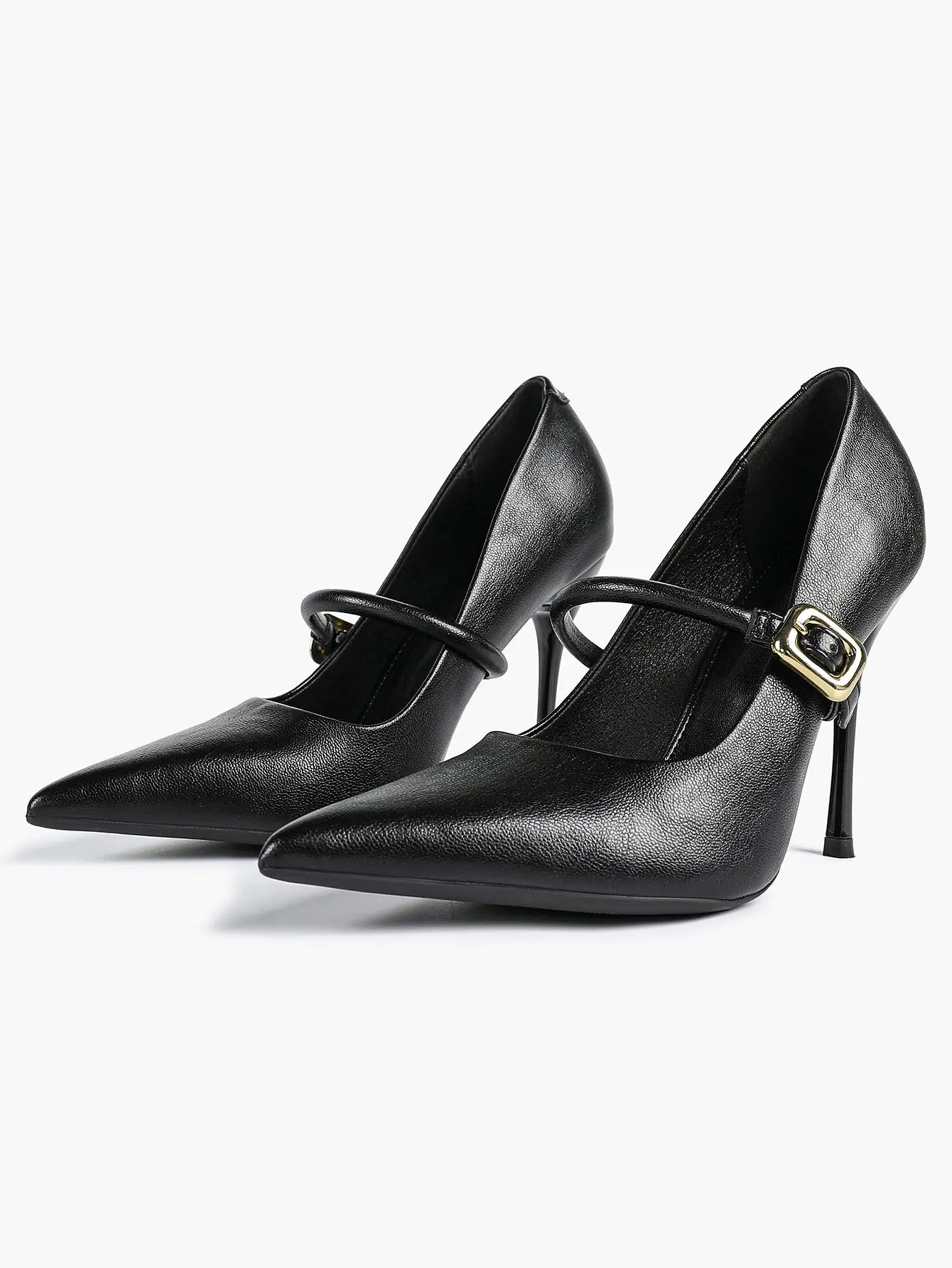 Women's Leather Stiletto Heels 4.13 Inch Pointed Toe Strap Pumps Shoes with Buckle for Casual Office YISHIFAN