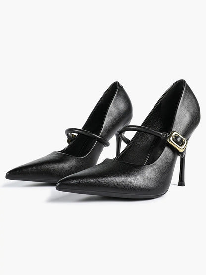 Women's Leather Stiletto Heels 4.13 Inch Pointed Toe Strap Pumps Shoes with Buckle for Casual Office YISHIFAN