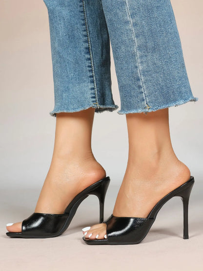 Women's Kitten Heels for Square Toe Open Toe Backless Mule Heels Stiletto Sandals 4.13 Inch YISHIFAN